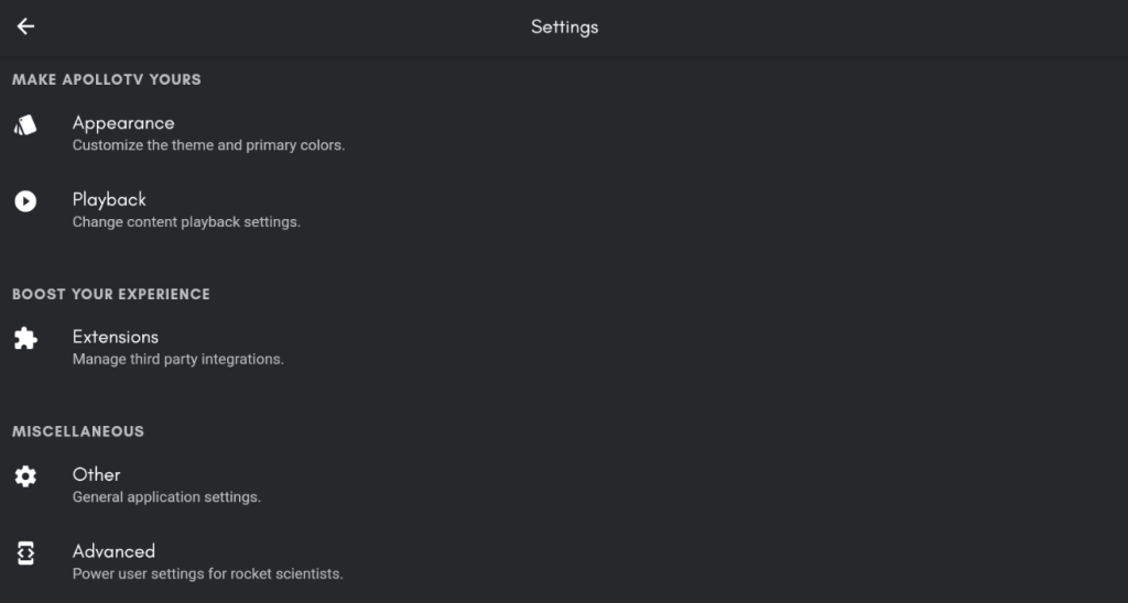 Settings section of the Apollo TV app