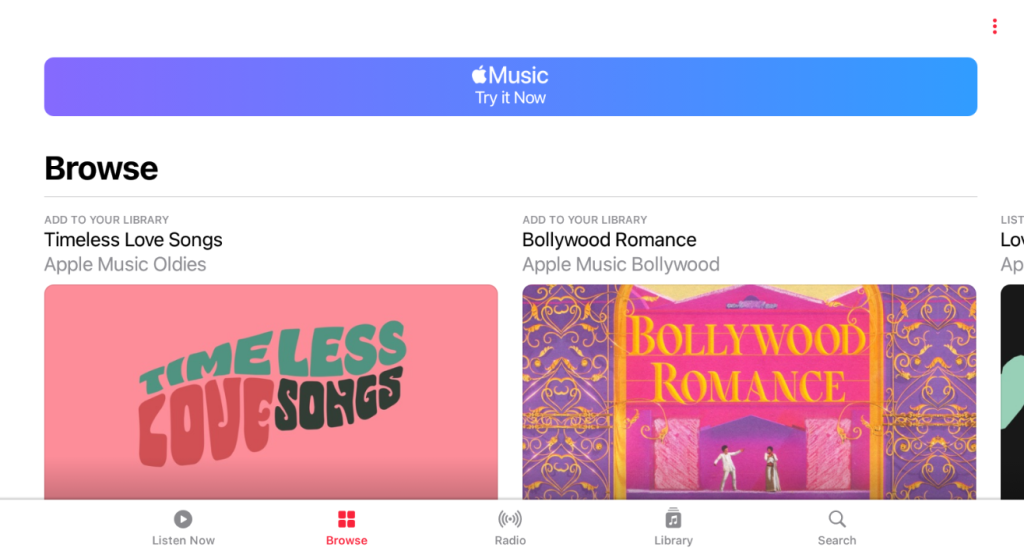 Home screen of Apple Music