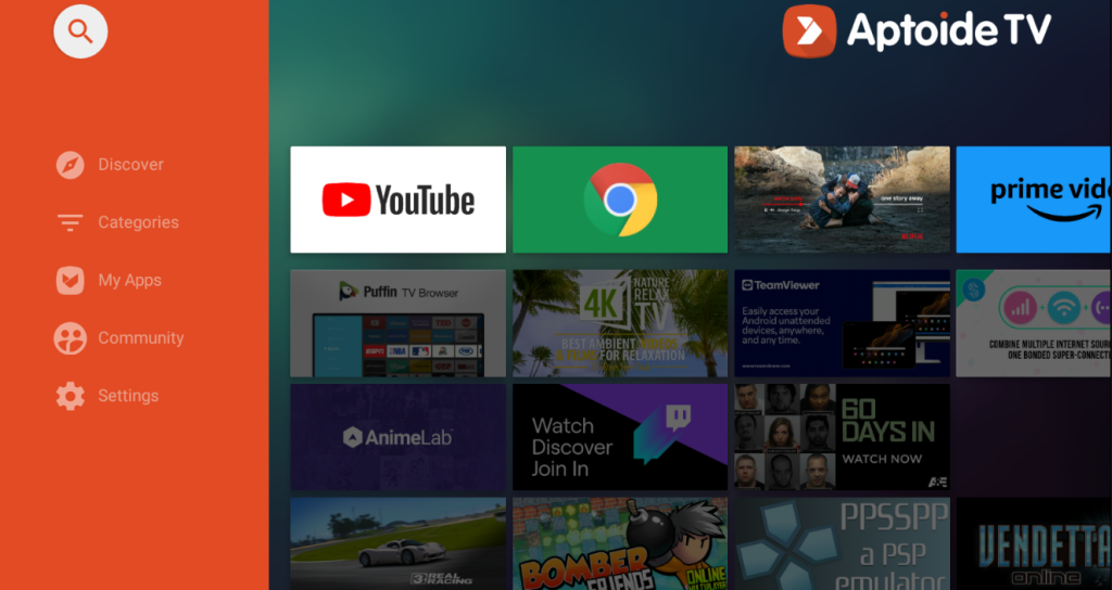 Home screen of the Aptoide TV app