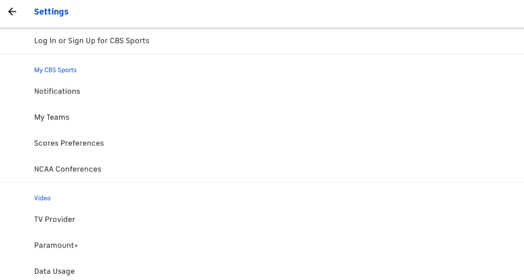 Settings section of CBS Sports
