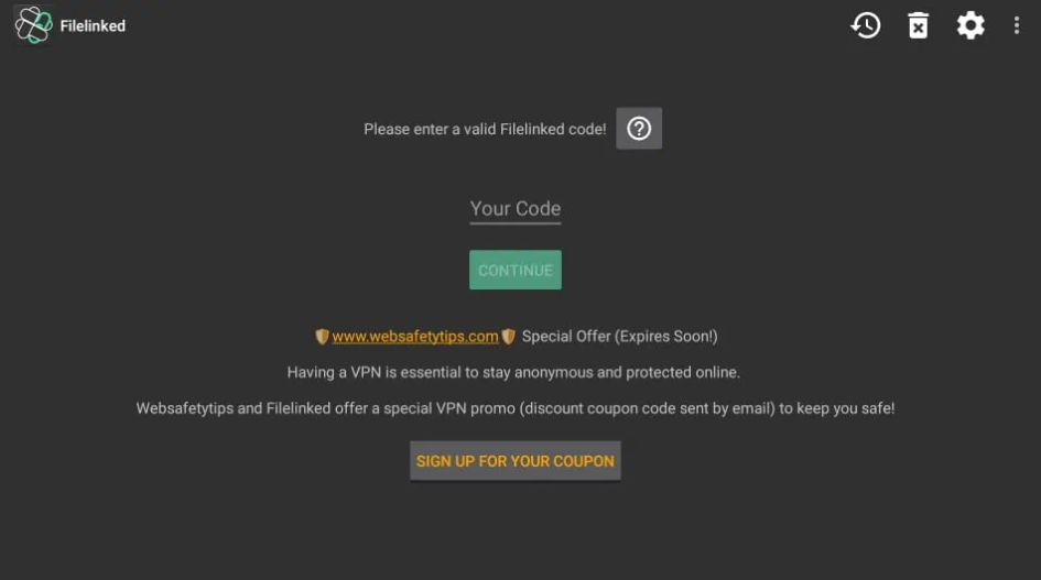 Enter the code and click the Continue button on the Filelinked app