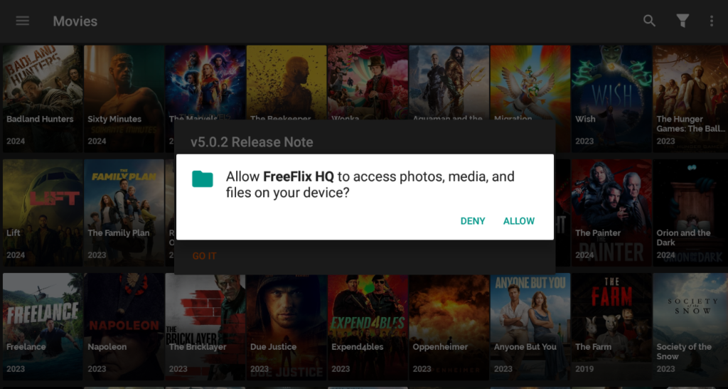 Hit the Allow option on the FreeFlix HQ app