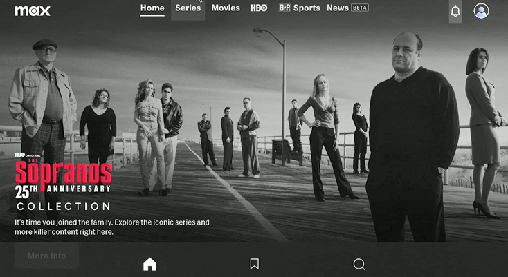 Home screen of HBO Max app