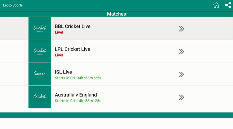 Lepto Sports app home screen