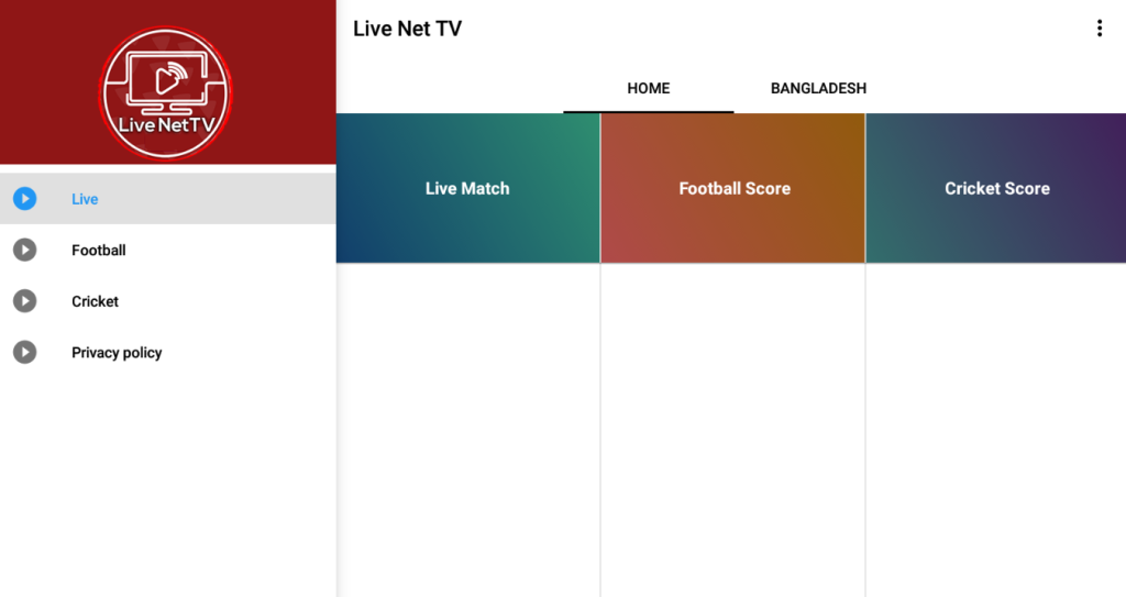 Home screen of the Live NetTV app