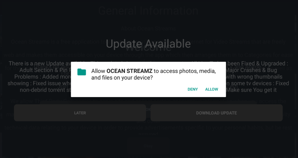 Click Allow on the Ocean Streamz app