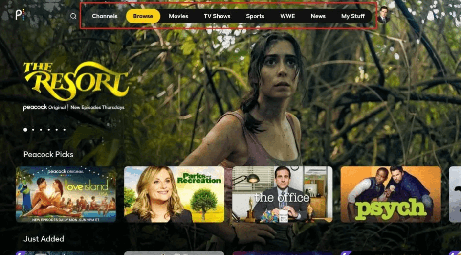 Peacock TV home page