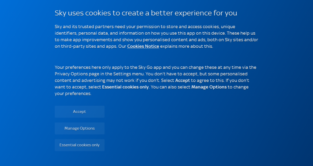 Accept the cookies notice option on the Sky Go app