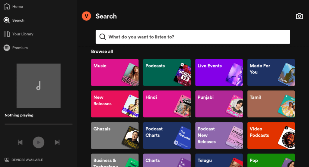 Spotify Search menu