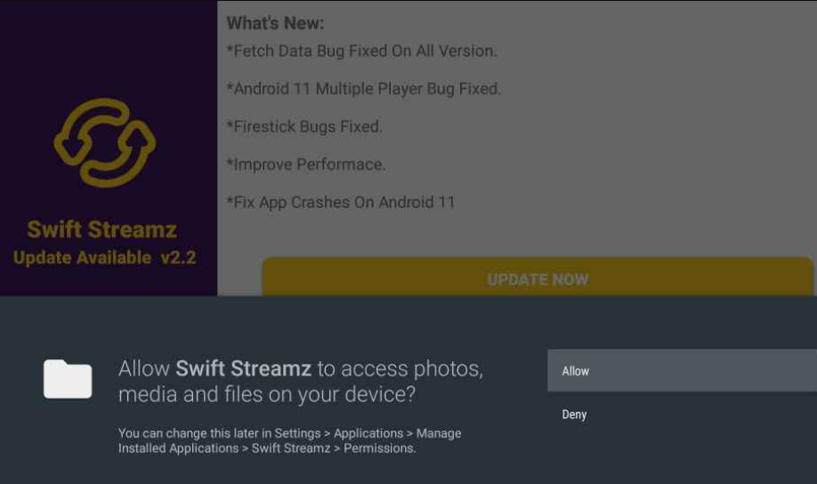 Tap on Allow on the Swift Streamz's app