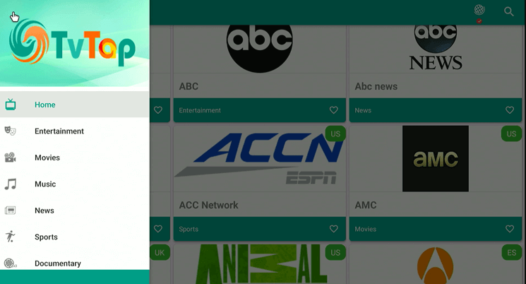 TVTap Menu section