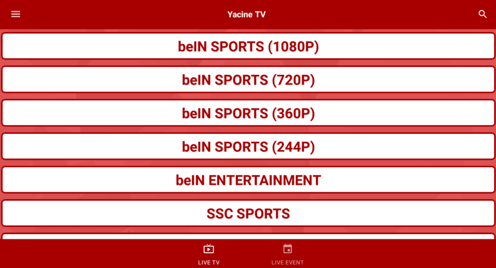 Home screen of the Yacine TV app