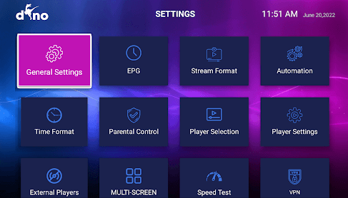 Dino IPTV APK- Settings menu