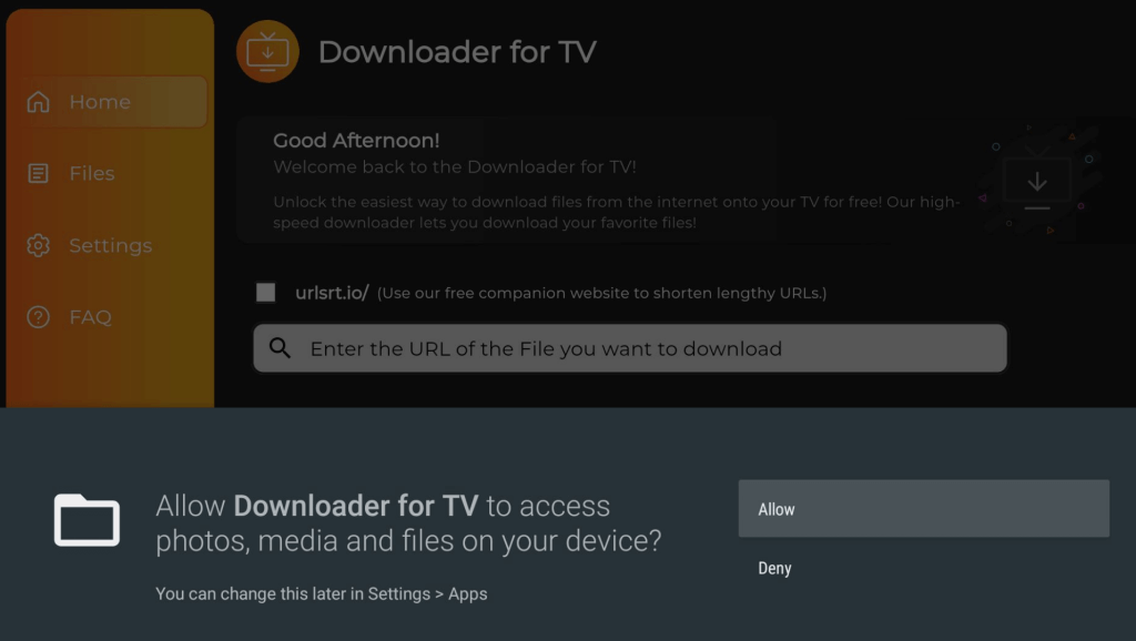 Click Allow for Downloader for TV to access device storage