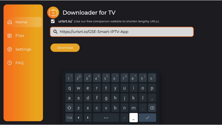 Enter GSE Smart IPTV App in the Downloader for TV application