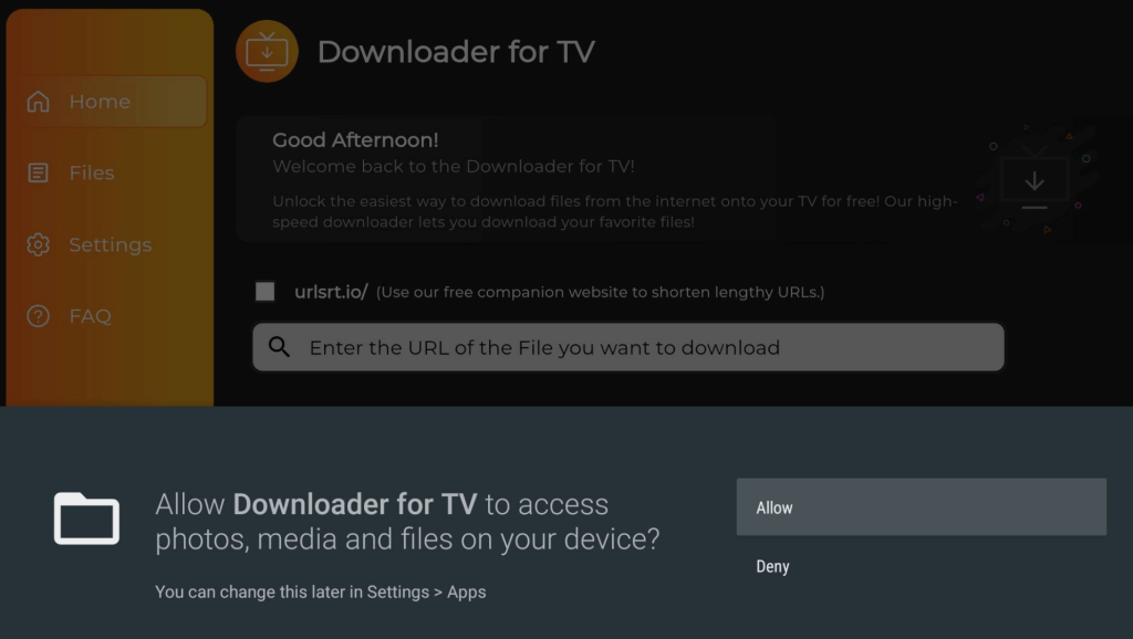 Click the Allow button on Downloader for TV to give permission