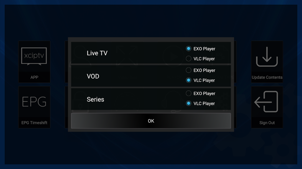 Choose external player on XCIPTV Player